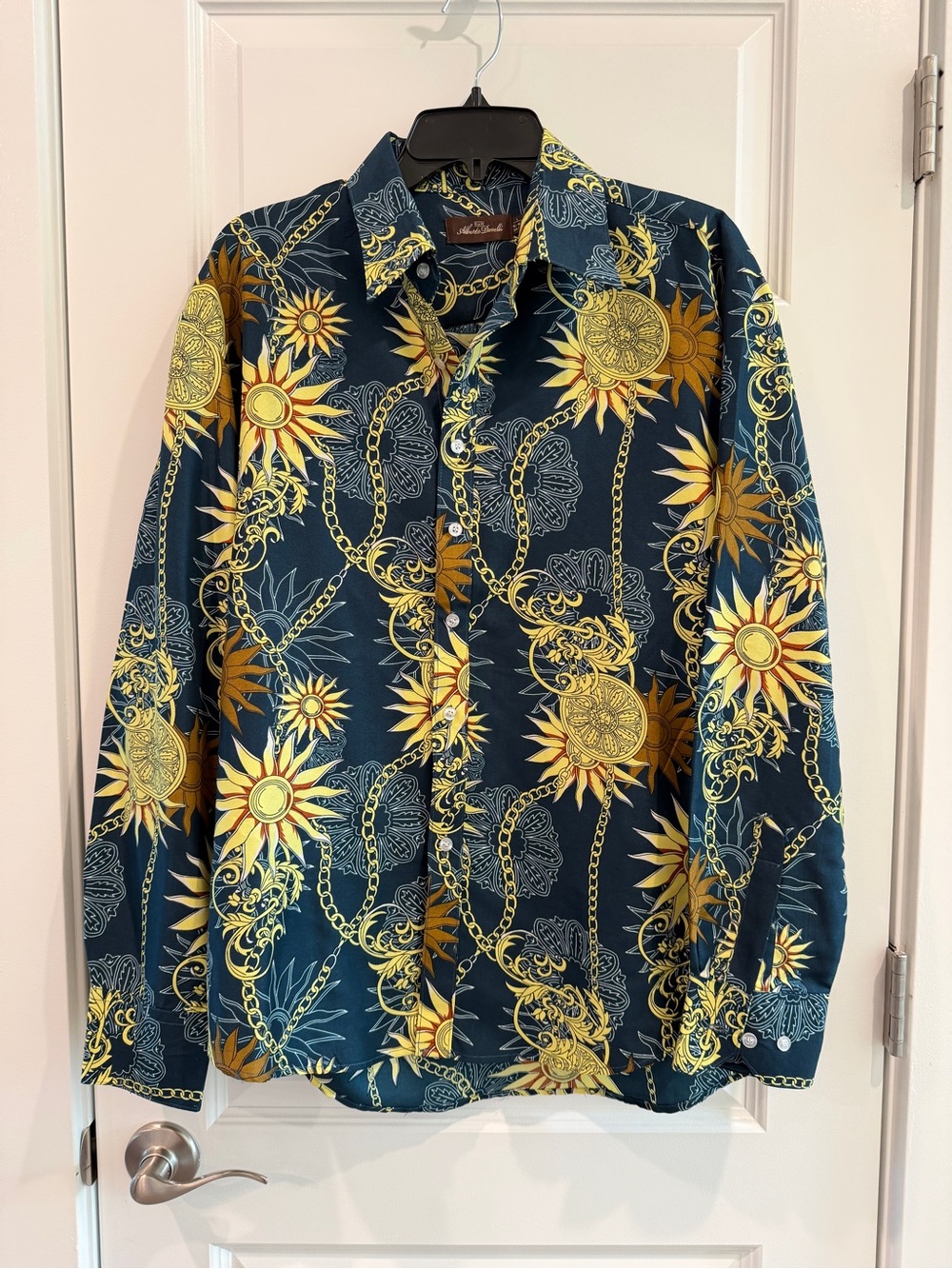 Alberto Danelli Navy Baroque Style Button Down Shirt in Sun Bursts & Chains sz L
